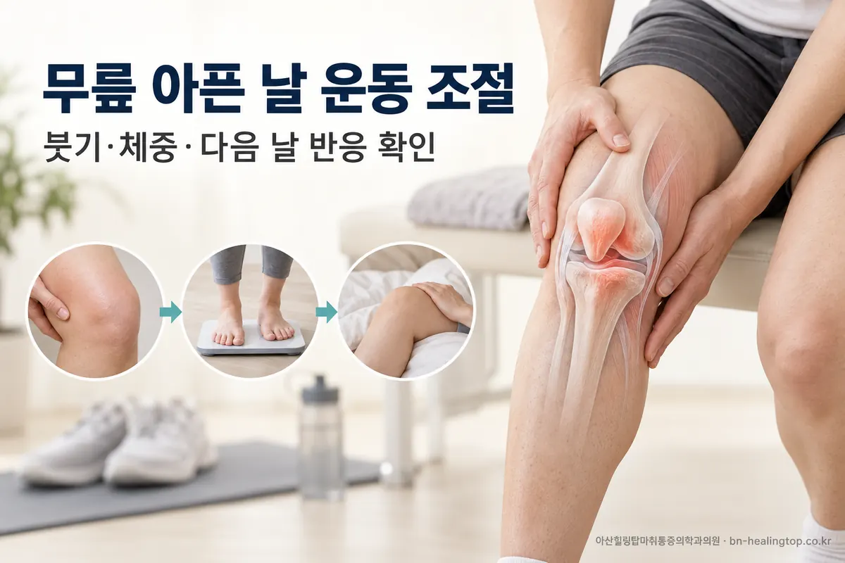 무릎이 아픈 날, 운동량은 어떻게 조절할까요? 붓기·체중·다음 날 반응을 보고 정하세요