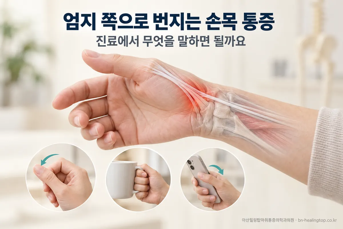 손목에서 엄지 쪽으로 통증이 번질 때, 진료에서 무엇을 말하면 될까요